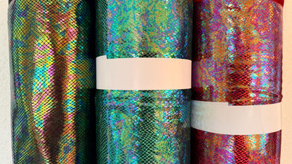 NEW Luxury Iridescent snake skin design diamond metallic foil on heavy stretch velvet 420gsm 4-way stretch 58/60” Sold by the YD.