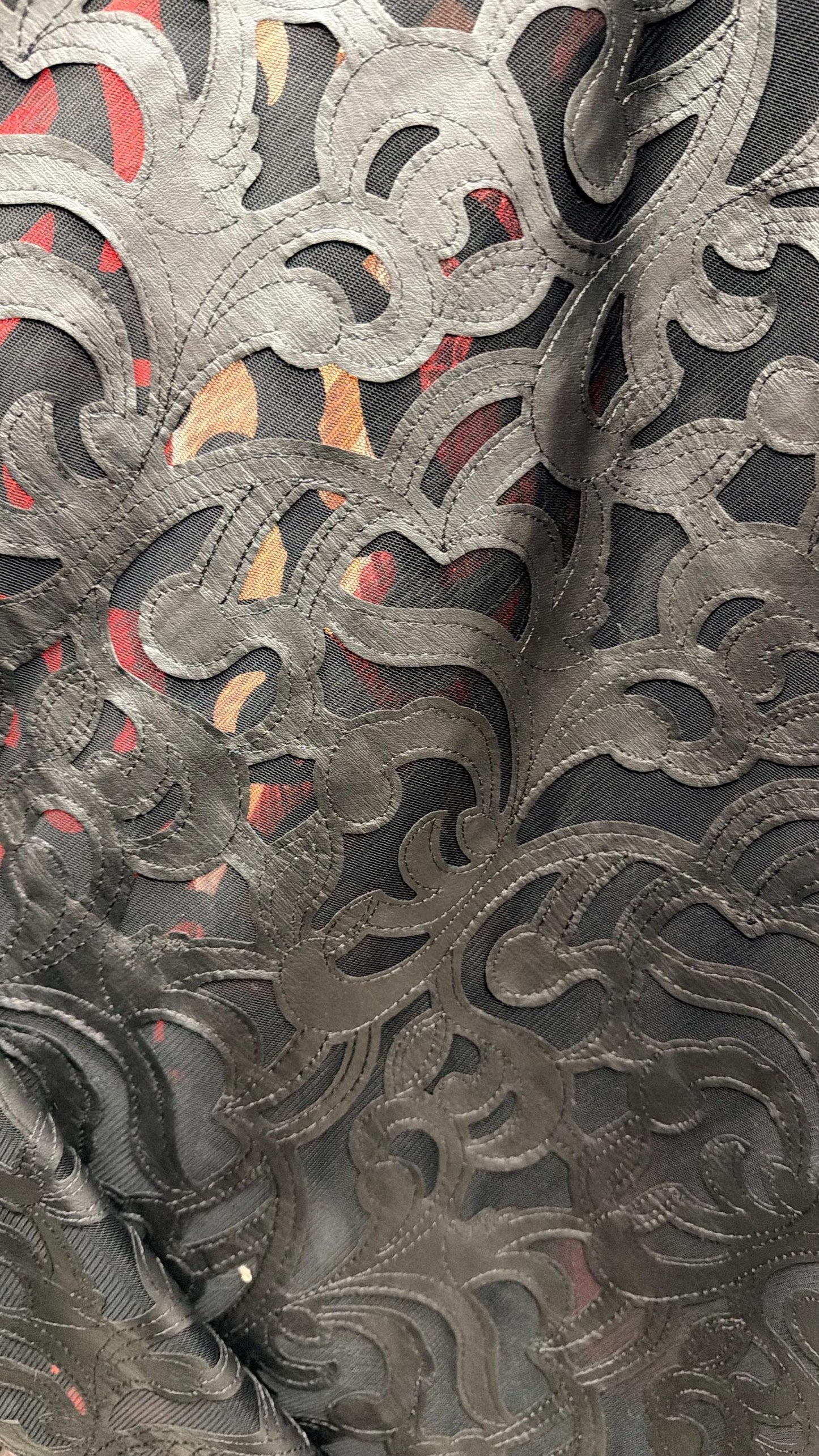 Swirl abstract design leather looking embroidered on stretch mesh 2-way stretch 55/57” Sold by the YD. Ships Worldwide from Los Angeles CA