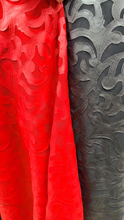 Swirl abstract design leather looking embroidered on stretch mesh 2-way stretch 55/57” Sold by the YD. Ships Worldwide from Los Angeles CA