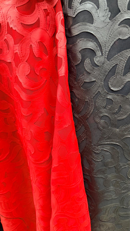 Swirl abstract design leather looking embroidered on stretch mesh 2-way stretch 55/57” Sold by the YD. Ships Worldwide from Los Angeles CA