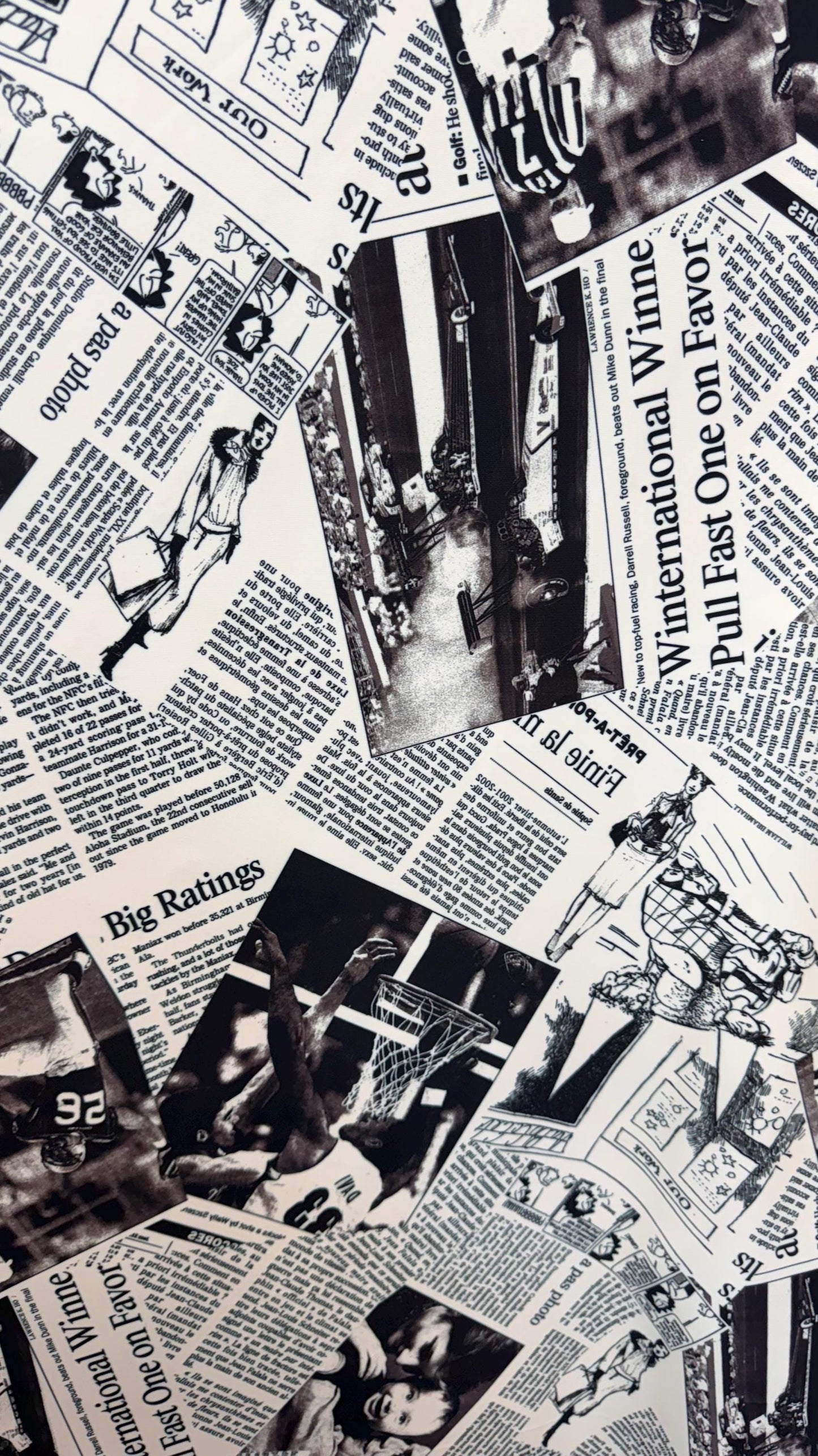 New Fashion Newspaper design print on great quality of nylon  spandex 4-way stretch medium weight 58/60” Sold by the YD.