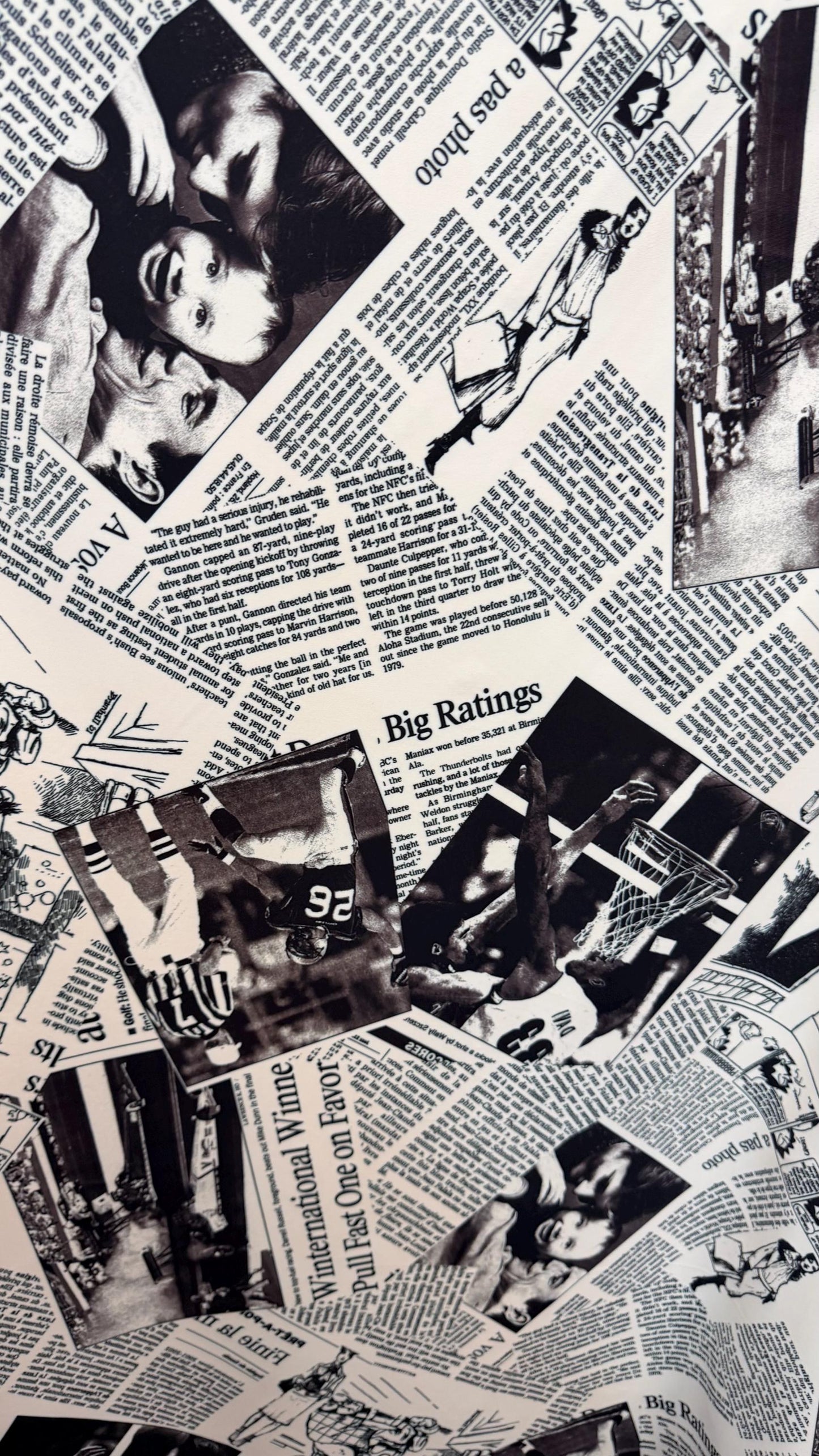 New Fashion Newspaper design print on great quality of nylon  spandex 4-way stretch medium weight 58/60” Sold by the YD.