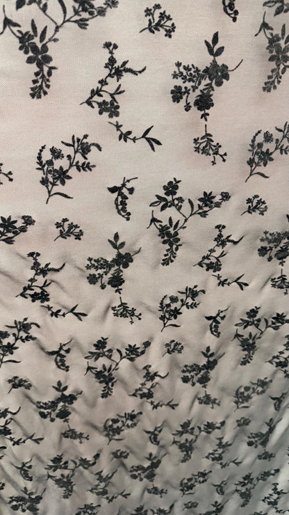 New Stretch power mesh Small flower Floking design Black/Black 58/60” 4-way stretch 58/60” Sold by the YD. Ships worldwide from Los Angeles