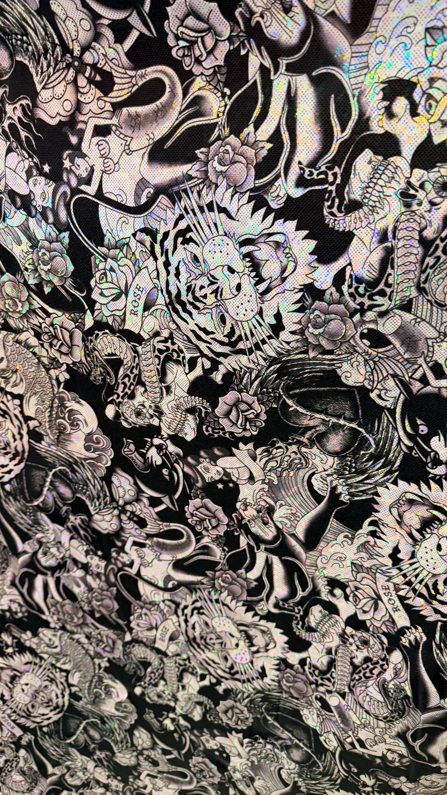 NEW Japanese Tattoo design on shattered glass hologram metallic nylon spandex 4-way stretch 58/60” High Quality fabrics by AlexLAFabrics