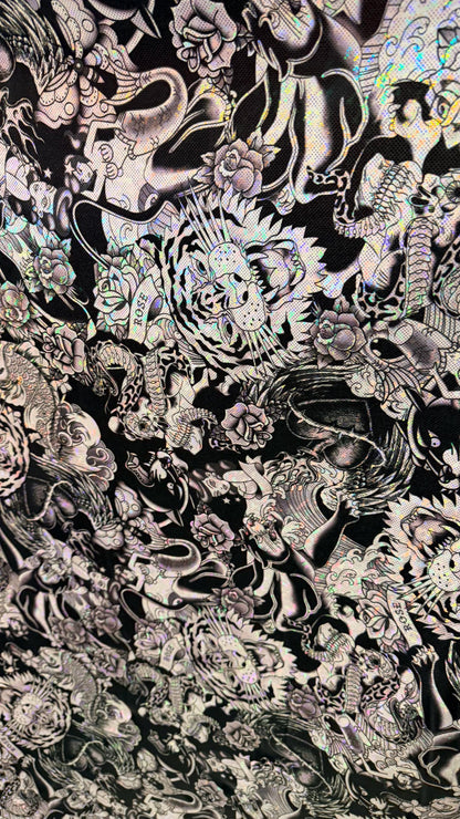 NEW Japanese Tattoo design on shattered glass hologram metallic nylon spandex 4-way stretch 58/60” High Quality fabrics by AlexLAFabrics