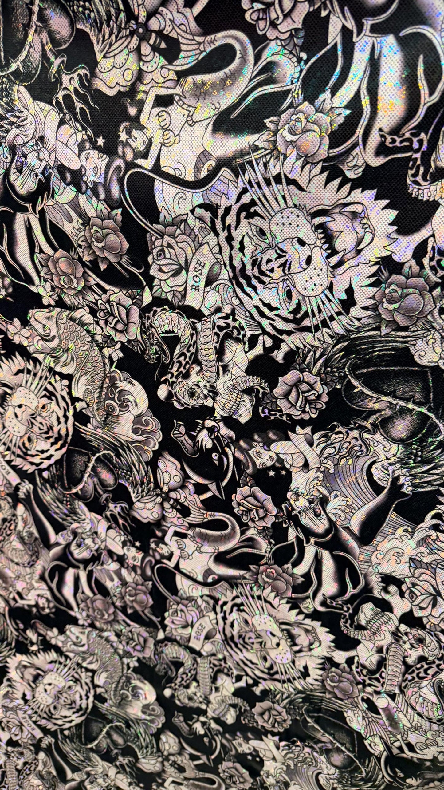 NEW Japanese Tattoo design on shattered glass hologram metallic nylon spandex 4-way stretch 58/60” High Quality fabrics by AlexLAFabrics