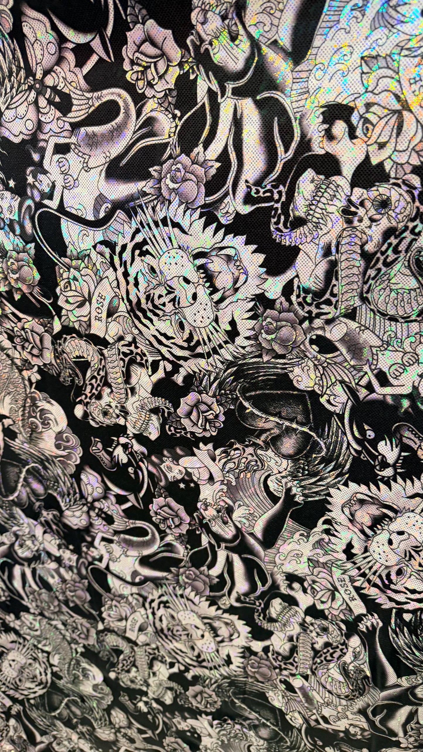 NEW Japanese Tattoo design on shattered glass hologram metallic nylon spandex 4-way stretch 58/60” High Quality fabrics by AlexLAFabrics