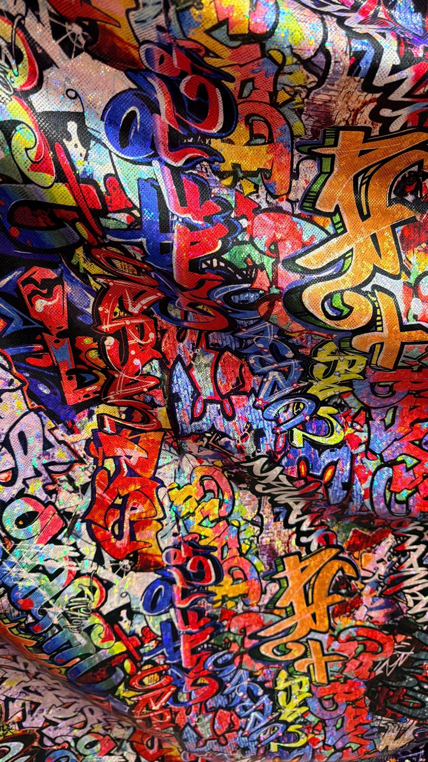 Luxury Graffiti design Multi on shattered glass hologram metallic nylon spandex 4-way stretch 58/60” High Quality fabrics by AlexLAFabrics