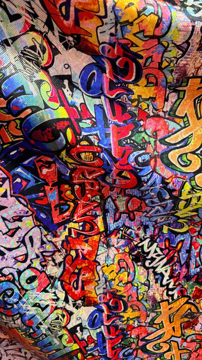 Luxury Graffiti design Multi on shattered glass hologram metallic nylon spandex 4-way stretch 58/60” High Quality fabrics by AlexLAFabrics