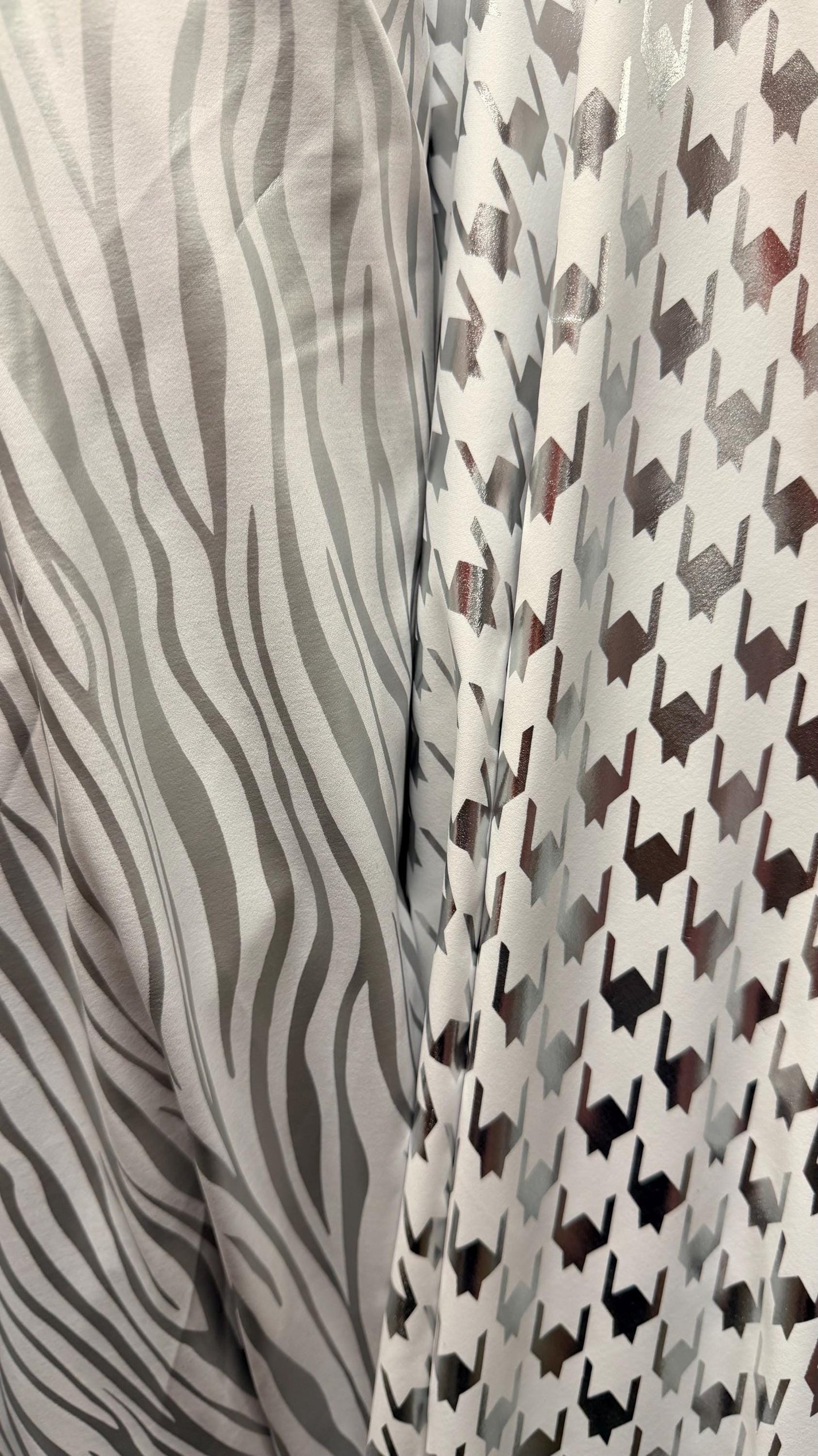 New Houndstooth & Zebra  design White/Silver metallic nylon spandex 4way stretch 58/60" Sold by the YD. Ships worldwide from Los Angeles CA