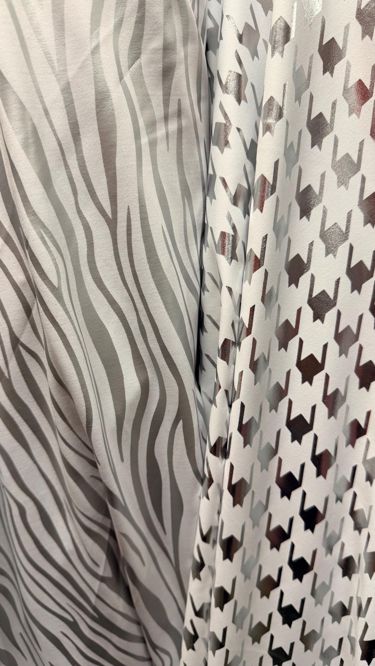New Houndstooth & Zebra  design White/Silver metallic nylon spandex 4way stretch 58/60" Sold by the YD. Ships worldwide from Los Angeles CA