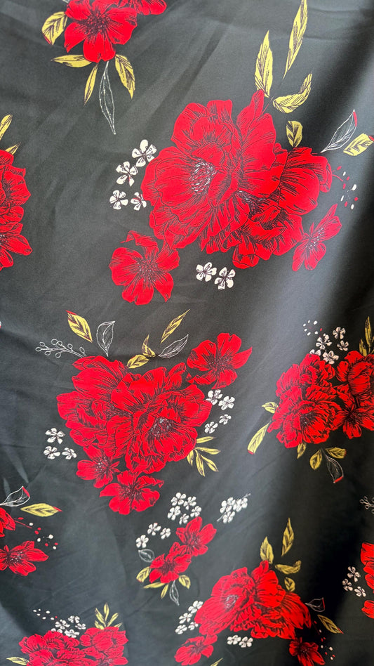 New Red flower design on shiny satin 2-way stretch 58/60” Sold by the YD. Ships worldwide from Los Angeles California USA.