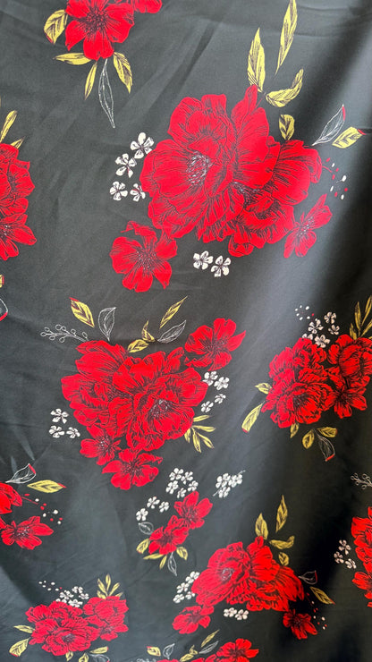 New Red flower design on shiny satin 2-way stretch 58/60” Sold by the YD. Ships worldwide from Los Angeles California USA.