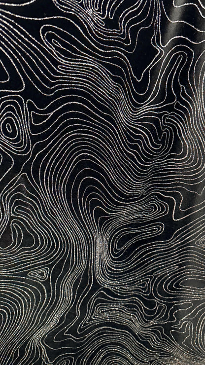 New Modern Abstract design on stretch velvet with metallic glitter 58/60” Sold by the YD. Ships worldwide from Los Angeles California USA.