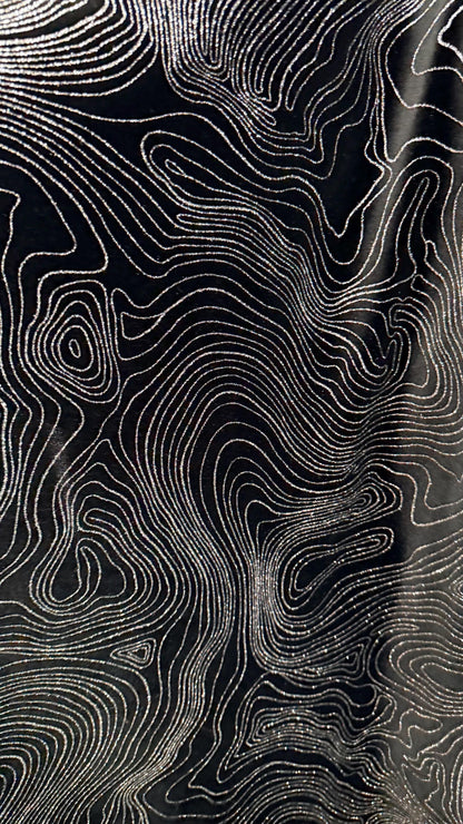 New Modern Abstract design on stretch velvet with metallic glitter 58/60” Sold by the YD. Ships worldwide from Los Angeles California USA.