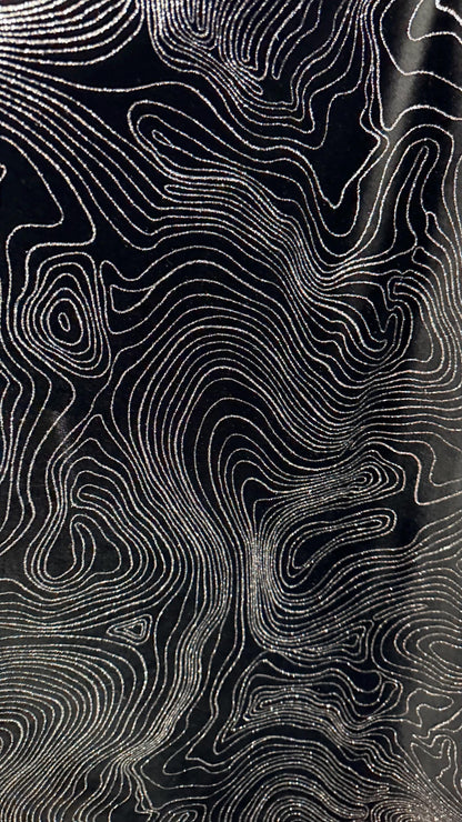 New Modern Abstract design on stretch velvet with metallic glitter 58/60” Sold by the YD. Ships worldwide from Los Angeles California USA.