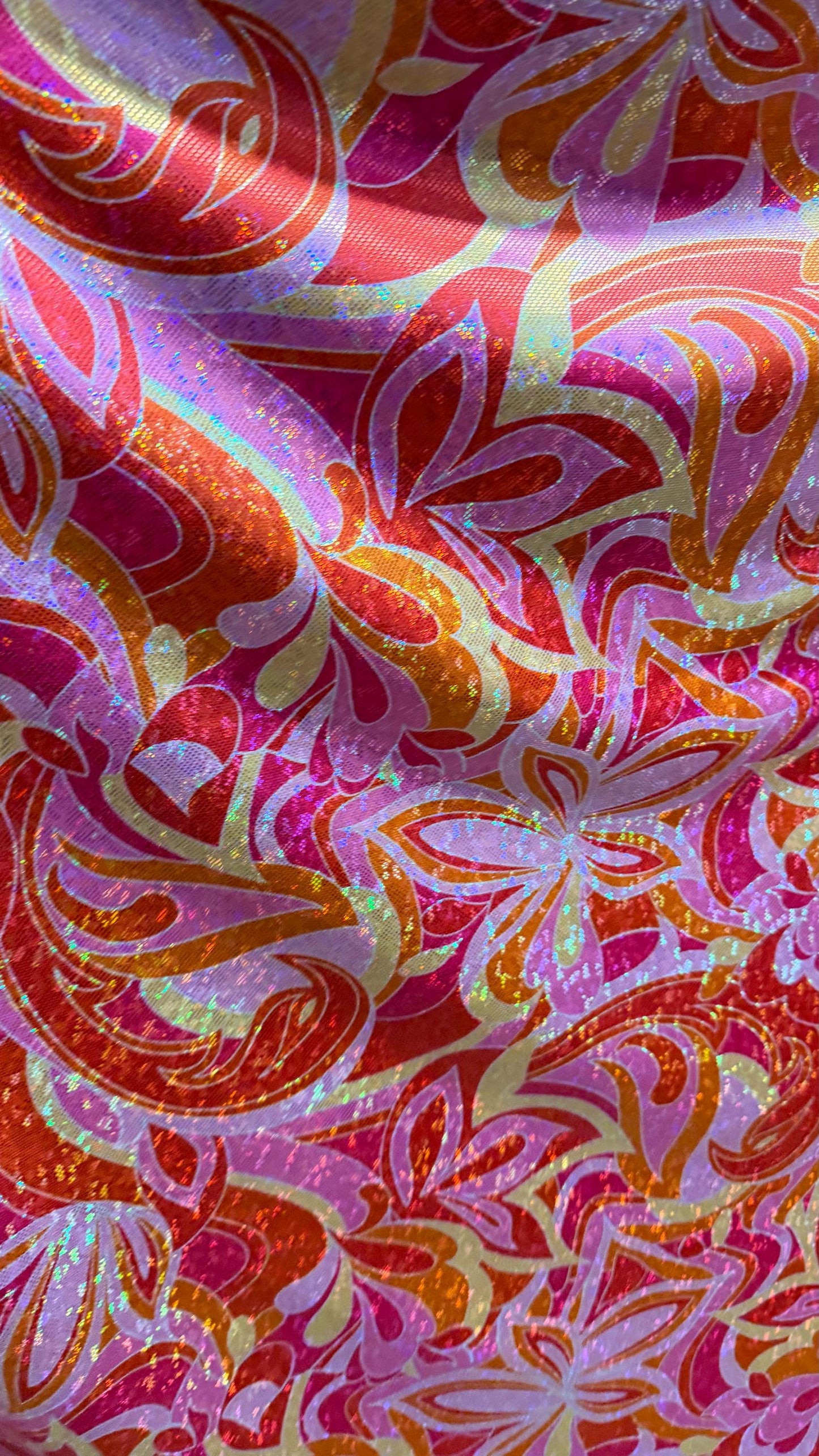 New Abstract Flower design on Hologram shattered glass metallic nylon spandex 4-way stretch 58/60” High quality fabrics by AlexLAFabrics