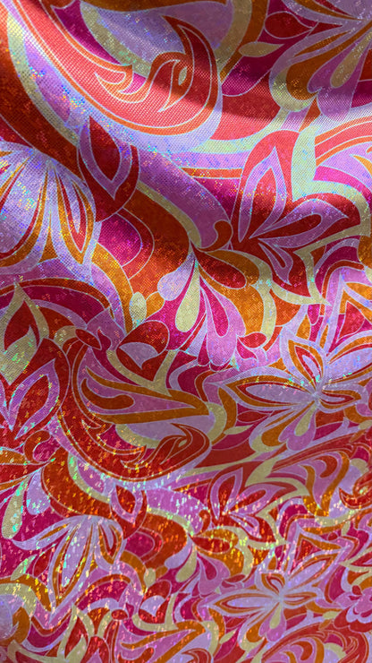 New Abstract Flower design on Hologram shattered glass metallic nylon spandex 4-way stretch 58/60” High quality fabrics by AlexLAFabrics