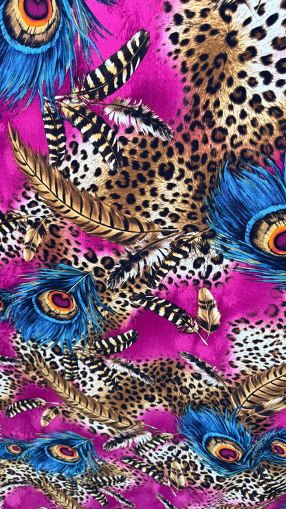 New Peacock design Magenta/Blue multicolor 4way Stretch poly spandex  58/60" Sold by the YD. ships worldwide from Los Angeles California USA