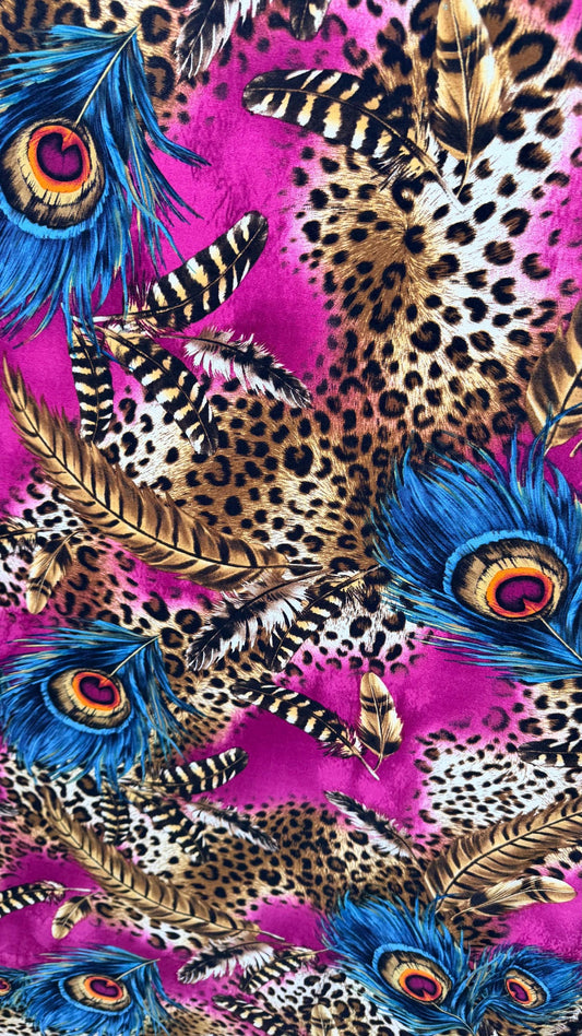New Peacock design Magenta/Blue multicolor 4way Stretch poly spandex  58/60" Sold by the YD. ships worldwide from Los Angeles California USA