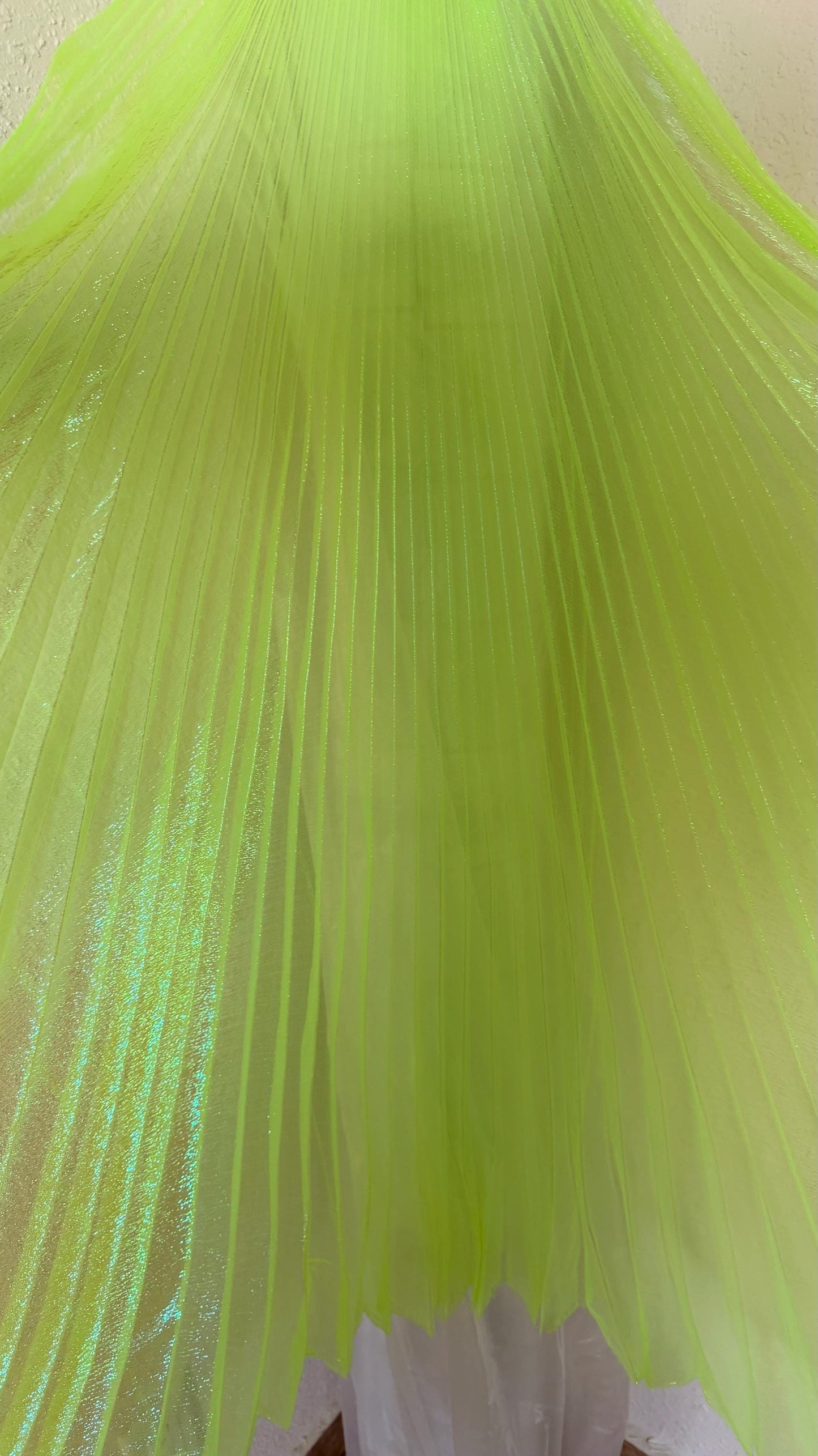 Sunburst pleated Iridescent metallic organza Wing Style 108” length by 56” width Sold by the PC ships worldwide from Los Angeles California
