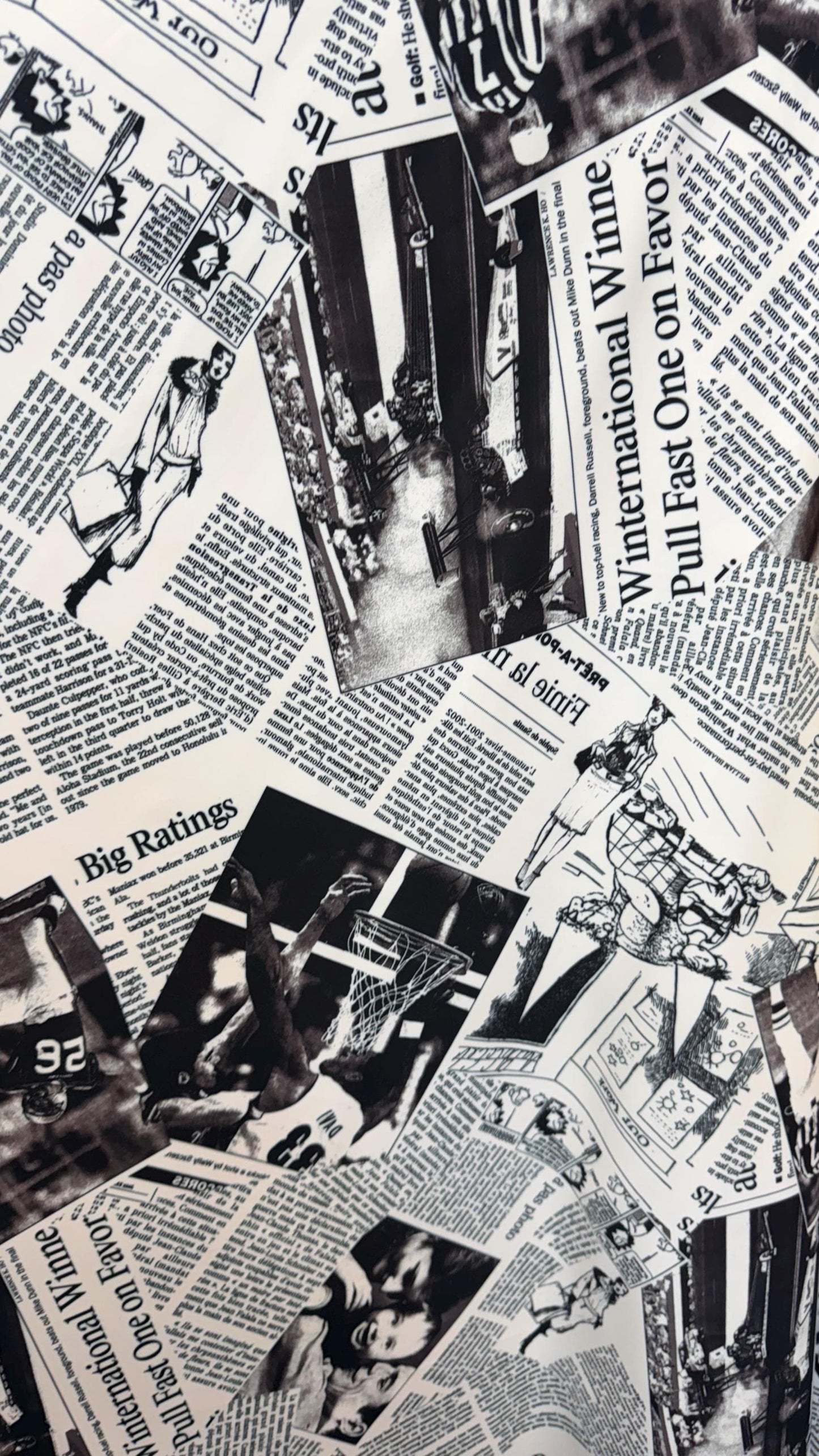 New Fashion Newspaper design print on great quality of nylon  spandex 4-way stretch medium weight 58/60” Sold by the YD.