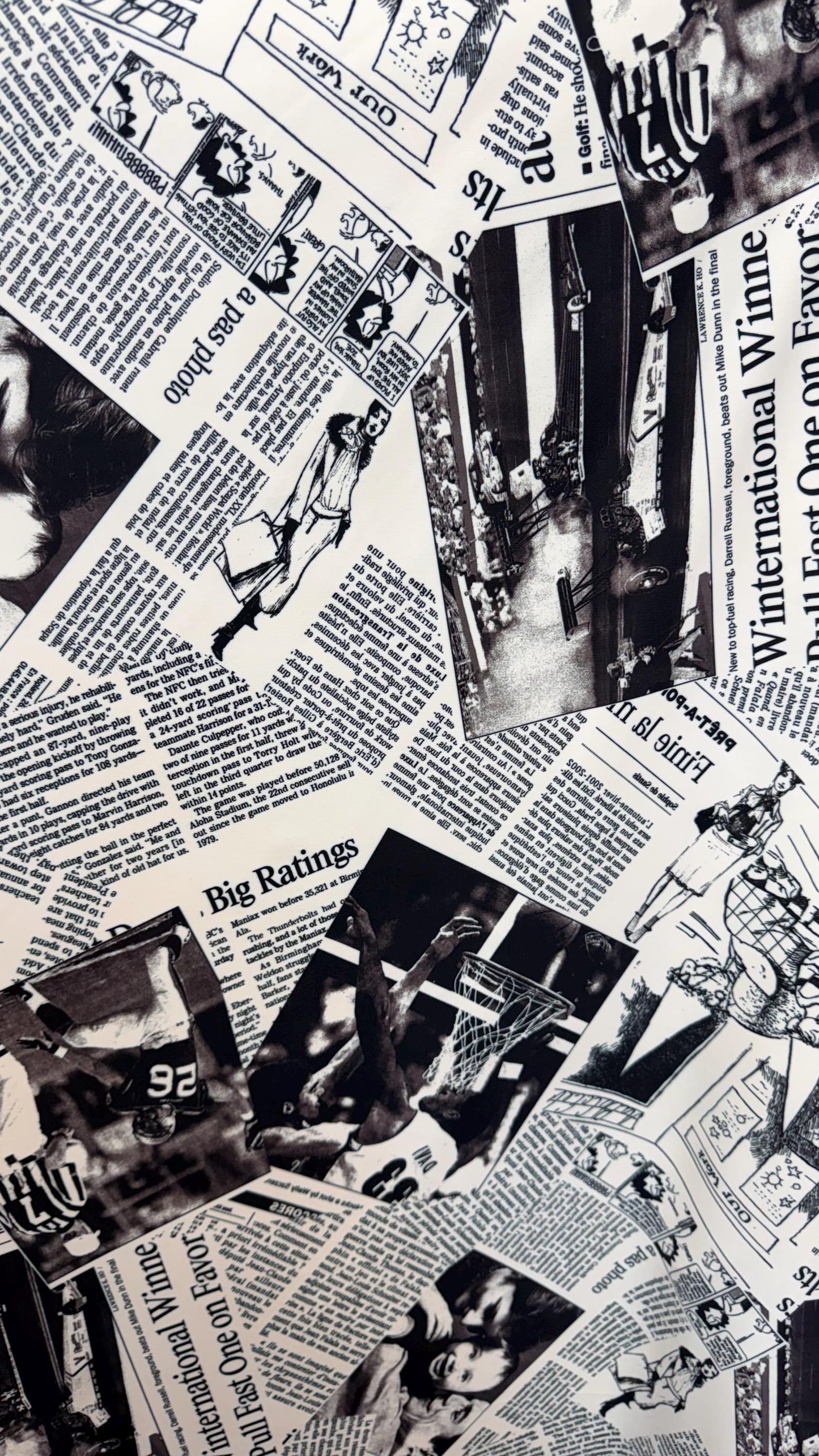 New Fashion Newspaper design print on great quality of nylon  spandex 4-way stretch medium weight 58/60” Sold by the YD.