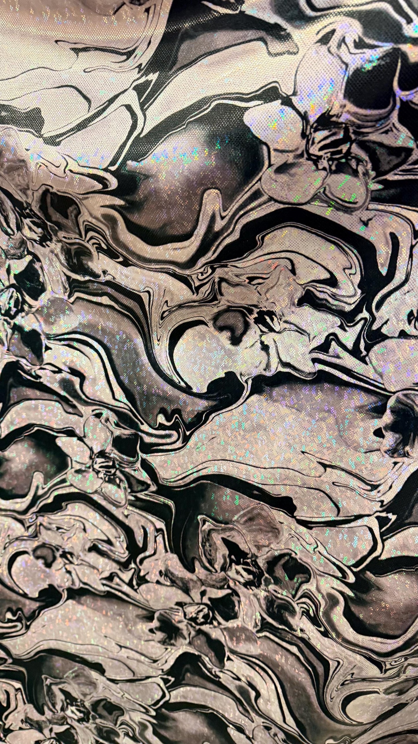 New Modert Abstract Lava design on Hologram shattered glass metallic nylon spandex 4-way stretch 58/60” High quality fabrics byAlexLAFabrics