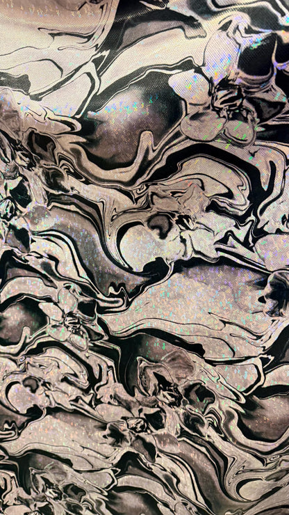 New Modert Abstract Lava design on Hologram shattered glass metallic nylon spandex 4-way stretch 58/60” High quality fabrics byAlexLAFabrics