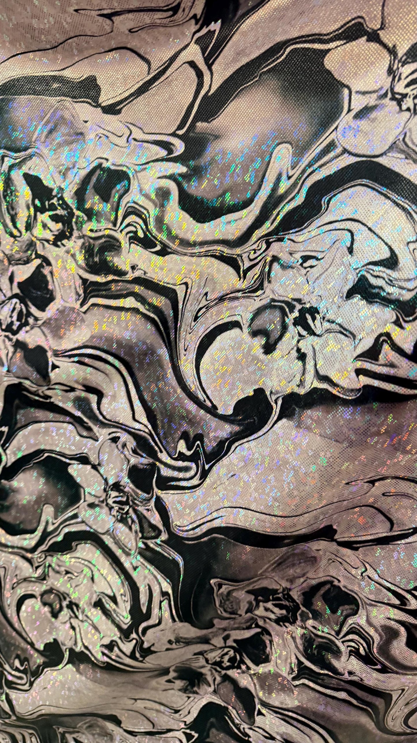 New Modert Abstract Lava design on Hologram shattered glass metallic nylon spandex 4-way stretch 58/60” High quality fabrics byAlexLAFabrics