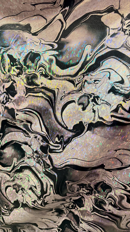 New Modert Abstract Lava design on Hologram shattered glass metallic nylon spandex 4-way stretch 58/60” High quality fabrics byAlexLAFabrics