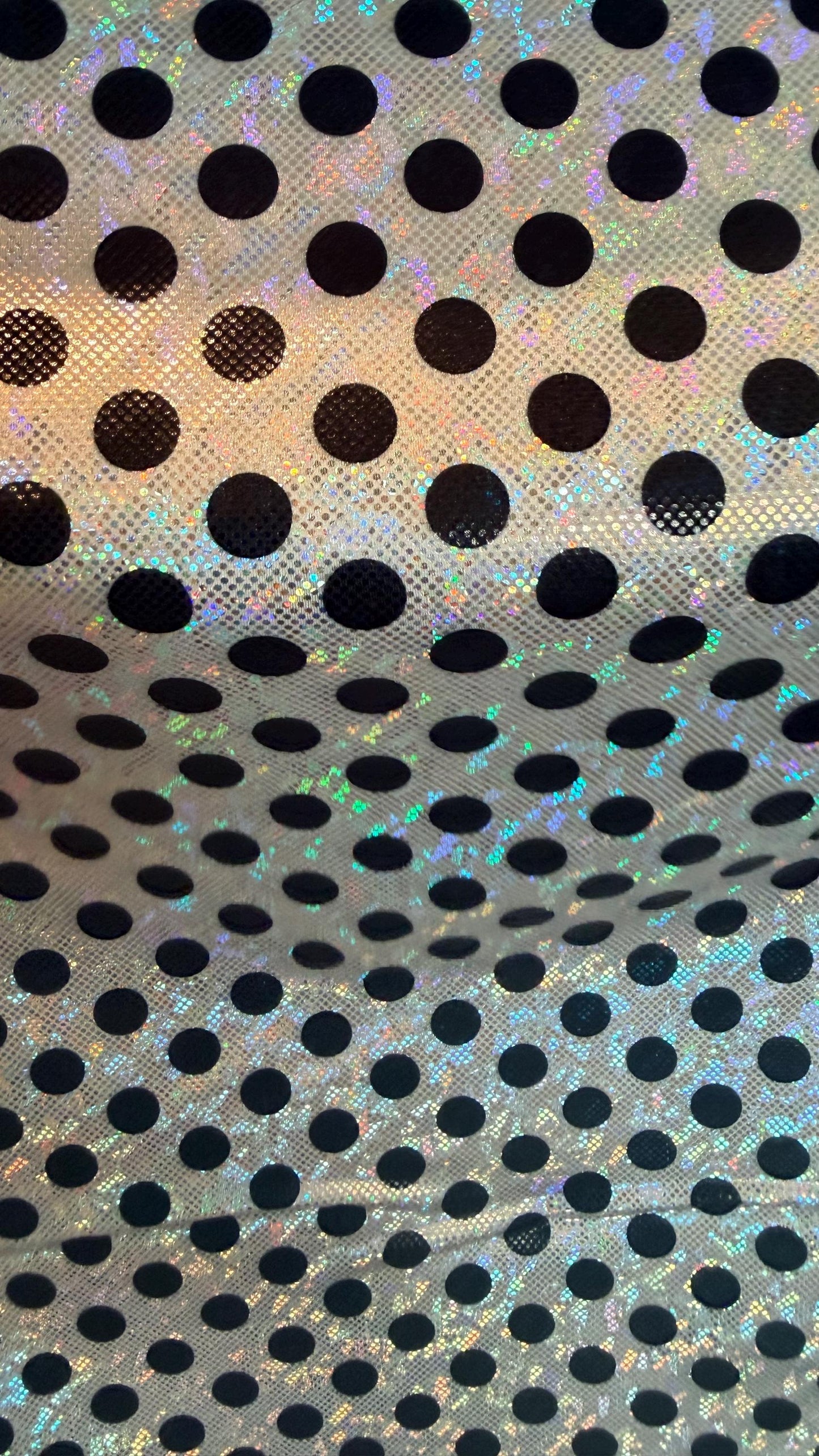 New Polka Dots design on Hologram shattered glass metallic nylon spandex 4-way stretch 58/60” High quality fabrics by AlexLAFabrics