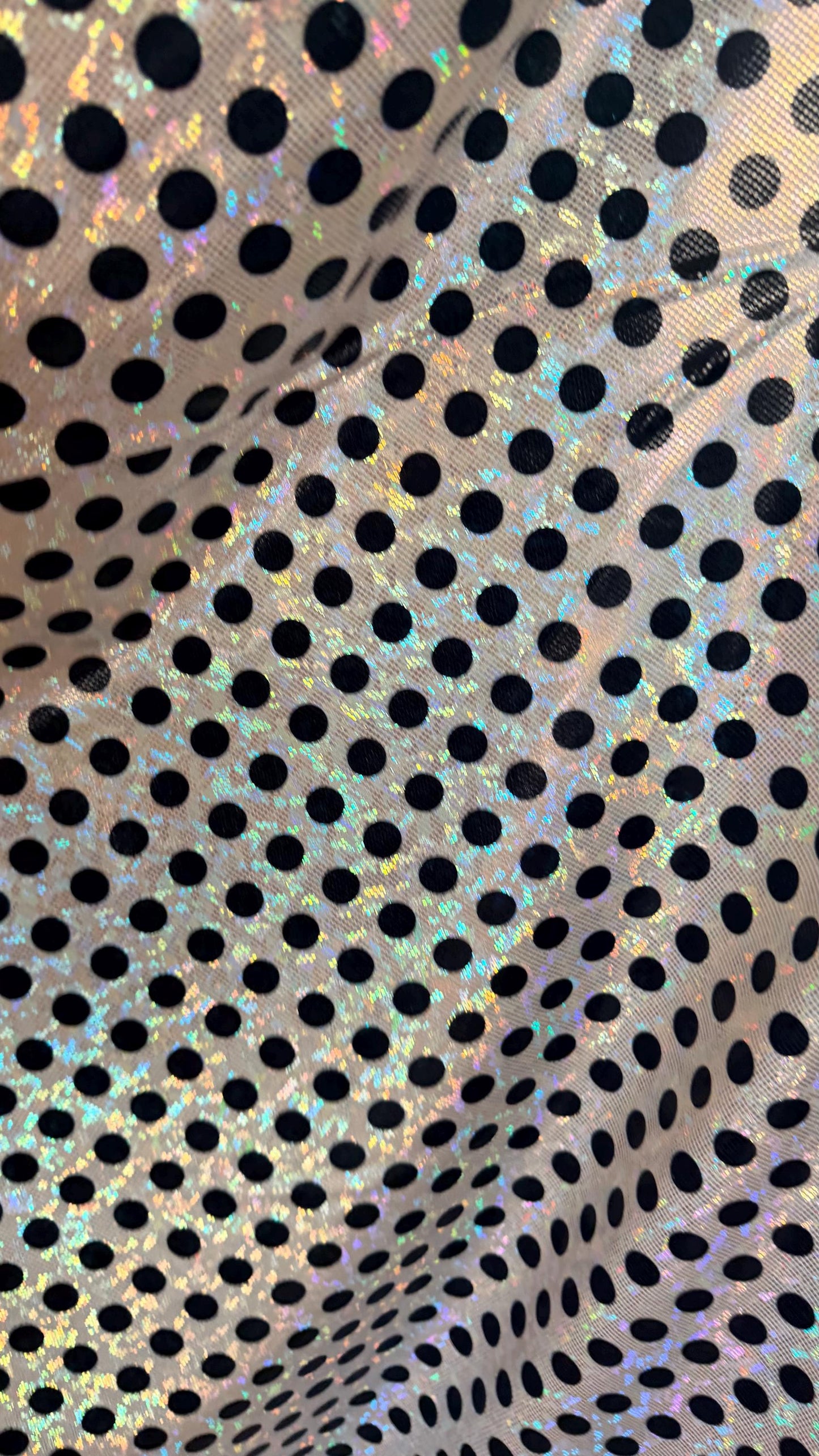 New Polka Dots design on Hologram shattered glass metallic nylon spandex 4-way stretch 58/60” High quality fabrics by AlexLAFabrics