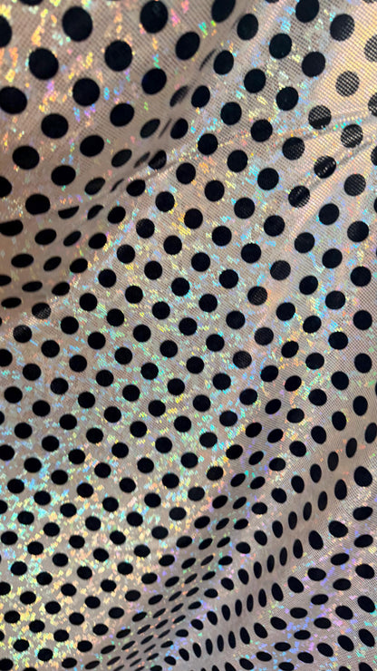 New Polka Dots design on Hologram shattered glass metallic nylon spandex 4-way stretch 58/60” High quality fabrics by AlexLAFabrics