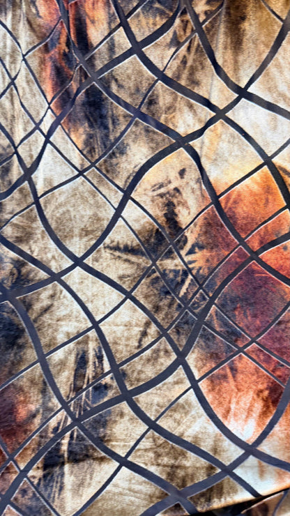 New burnout velvet Abstract design Brown/Gold 4way Stretch 58/60" Sold by the YD. Ships worldwide from Los Angeles California USA.