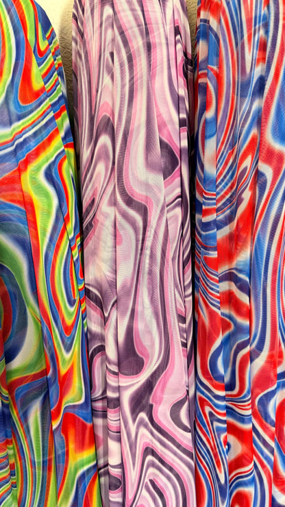New Modern Swirl abstract lava design multicolor print on best quality of power mesh spandex 4-way stretch 58/60” Sold by the YD.