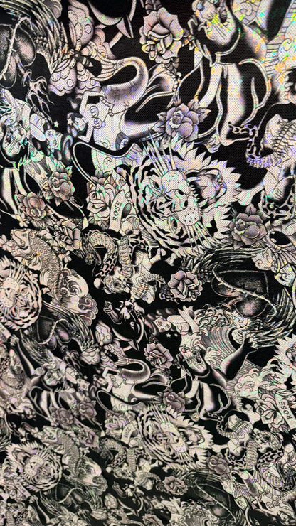 NEW Japanese Tattoo design on shattered glass hologram metallic nylon spandex 4-way stretch 58/60” High Quality fabrics by AlexLAFabrics