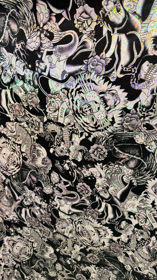 NEW Japanese Tattoo design on shattered glass hologram metallic nylon spandex 4-way stretch 58/60” High Quality fabrics by AlexLAFabrics