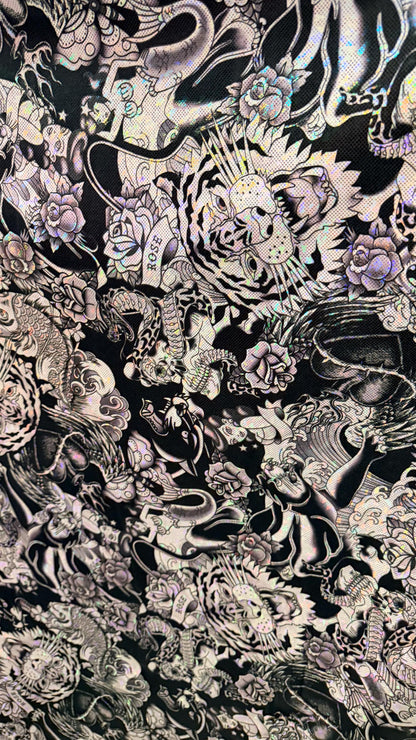 NEW Japanese Tattoo design on shattered glass hologram metallic nylon spandex 4-way stretch 58/60” High Quality fabrics by AlexLAFabrics