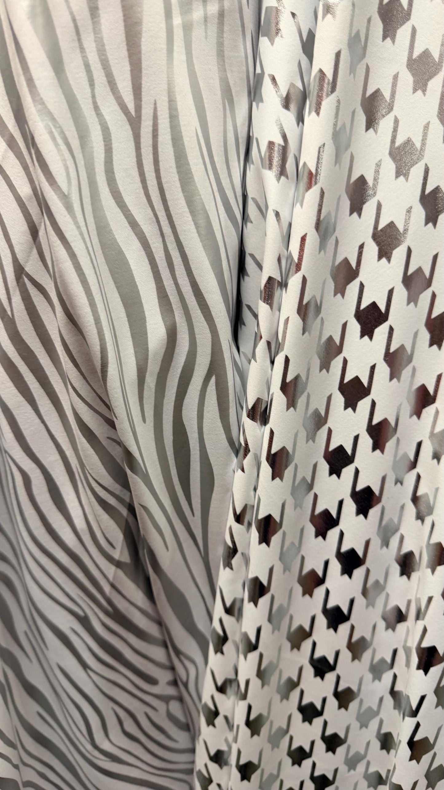 New Houndstooth & Zebra  design White/Silver metallic nylon spandex 4way stretch 58/60" Sold by the YD. Ships worldwide from Los Angeles CA