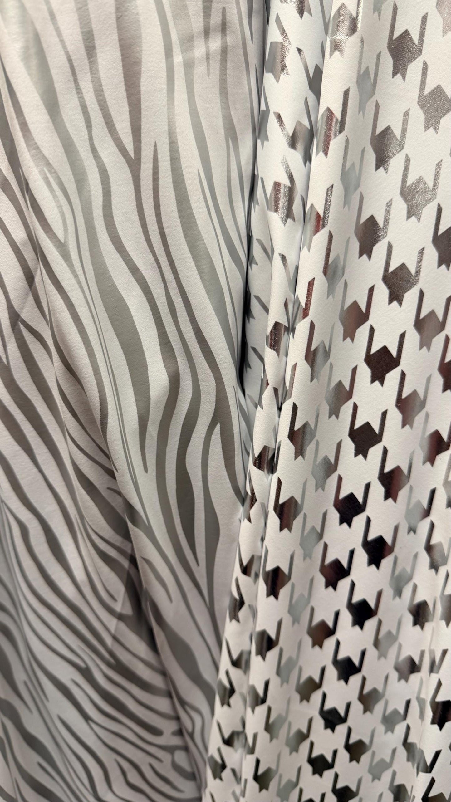 New Houndstooth & Zebra  design White/Silver metallic nylon spandex 4way stretch 58/60" Sold by the YD. Ships worldwide from Los Angeles CA