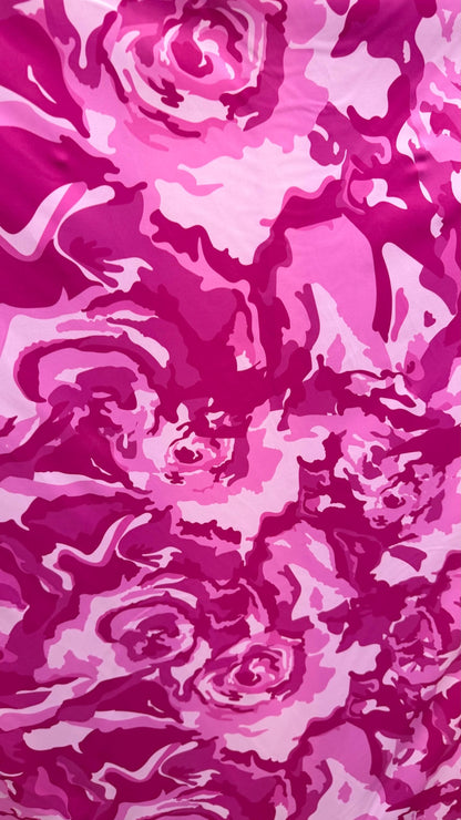 Camouflage design pink color nylon spandex print 4way Stretch 58/60" Sold by the yd. Ships worldwide from Los Angeles California USA.