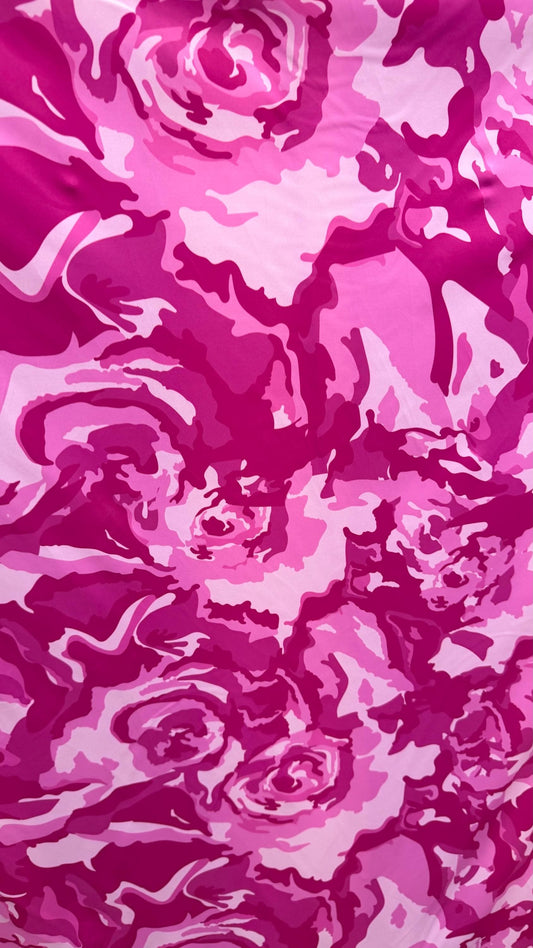 Camouflage design pink color nylon spandex print 4way Stretch 58/60" Sold by the yd. Ships worldwide from Los Angeles California USA.