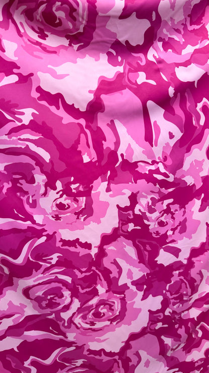 Camouflage design pink color nylon spandex print 4way Stretch 58/60" Sold by the yd. Ships worldwide from Los Angeles California USA.
