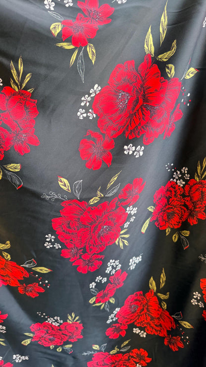 New Red flower design on shiny satin 2-way stretch 58/60” Sold by the YD. Ships worldwide from Los Angeles California USA.