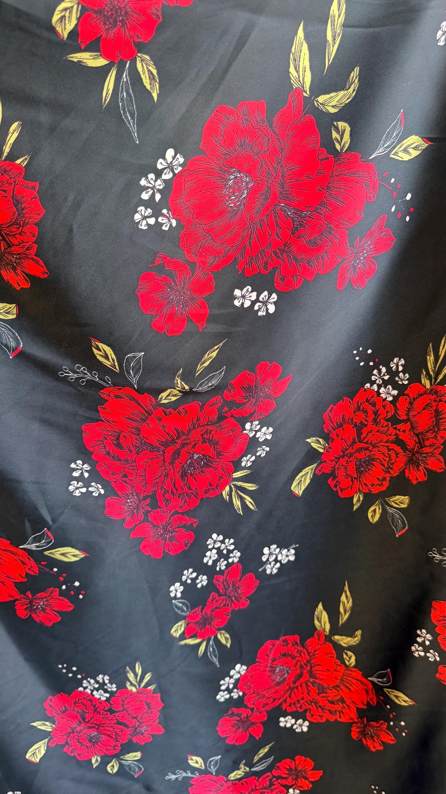 New Red flower design on shiny satin 2-way stretch 58/60” Sold by the YD. Ships worldwide from Los Angeles California USA.