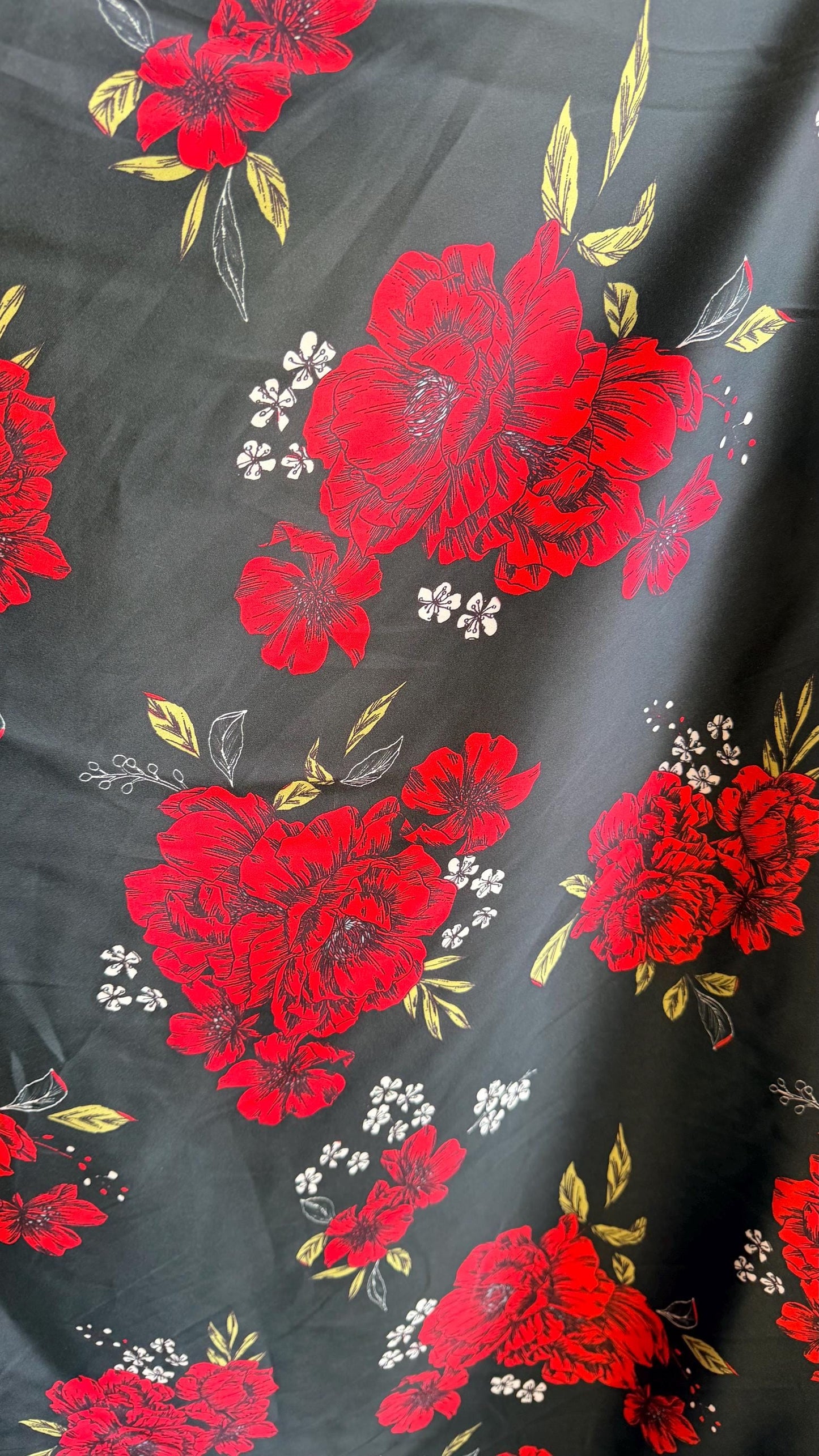 New Red flower design on shiny satin 2-way stretch 58/60” Sold by the YD. Ships worldwide from Los Angeles California USA.