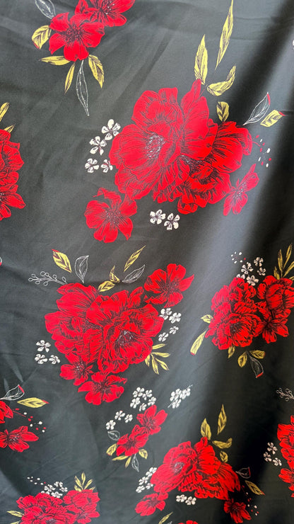 New Red flower design on shiny satin 2-way stretch 58/60” Sold by the YD. Ships worldwide from Los Angeles California USA.