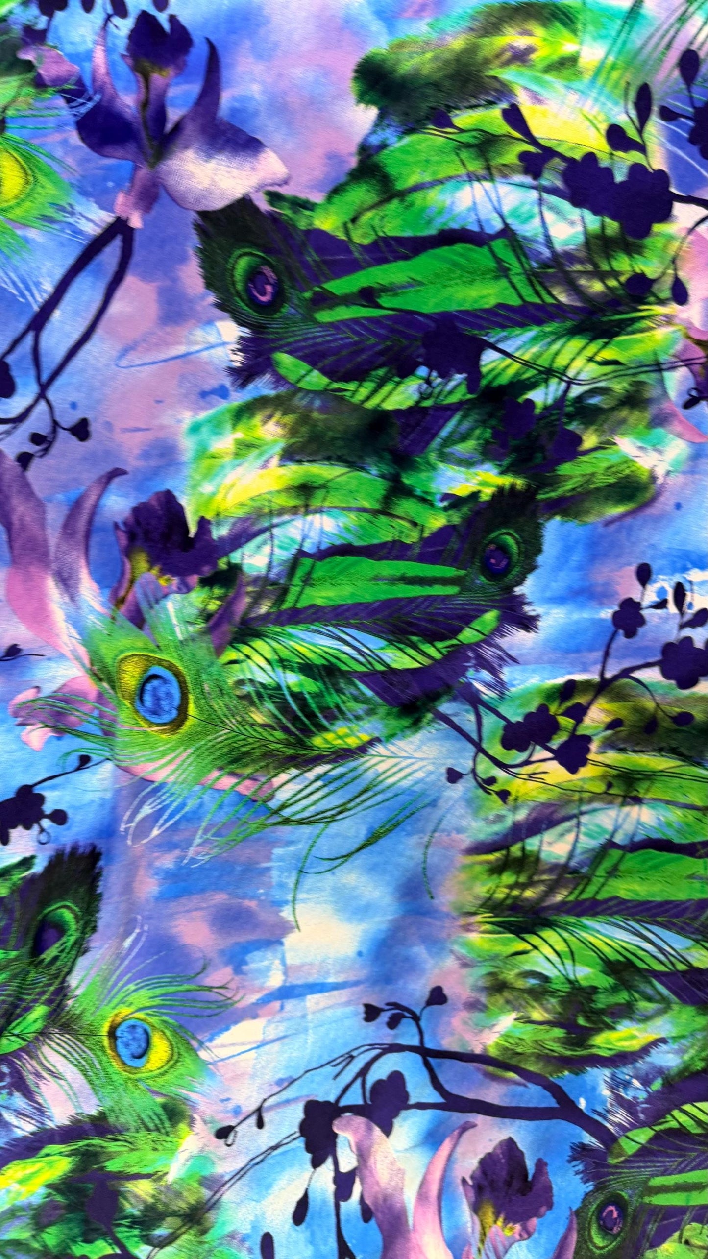 Nylon spandex Peacock design Multicolors 4way stretch 58/60" Sold by the YD. Ships worldwide from Los Angeles California USA