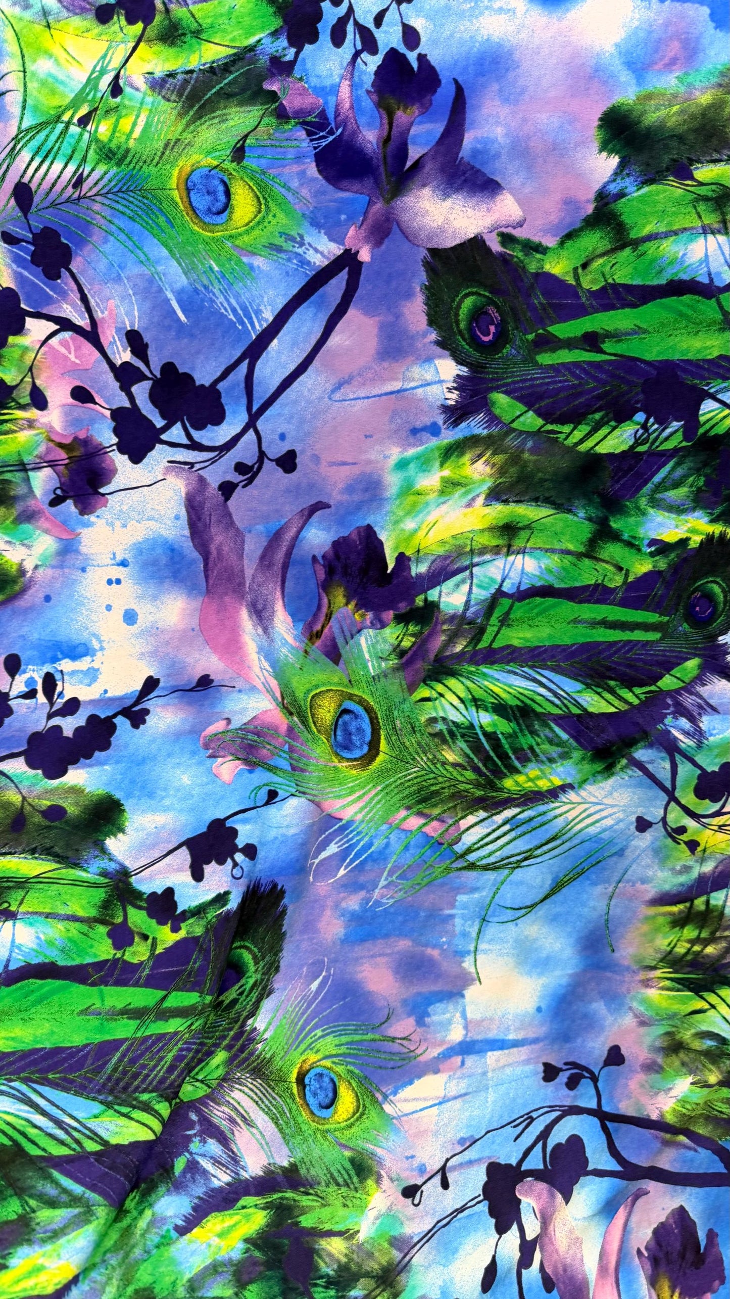 Nylon spandex Peacock design Multicolors 4way stretch 58/60" Sold by the YD. Ships worldwide from Los Angeles California USA